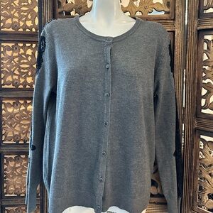 Anna Rose Gray Floral Lace Detail Long Sleeved Button Up Cardigan Sweater.